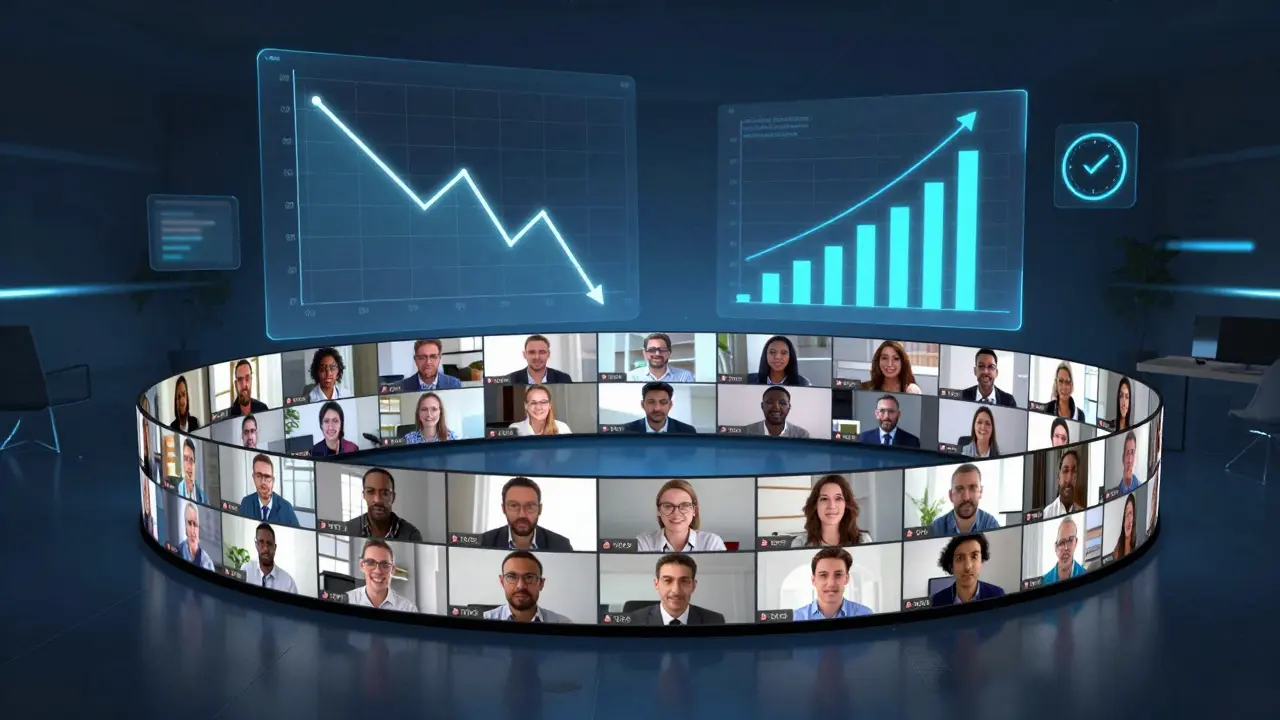 A remote team in a video call surrounded by floating data visualizations showing improving metrics.