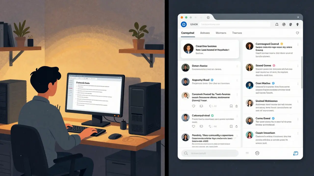 A split scene showing a community moderator in a home office versus a corporate feed suppressing posts, highlighting decentralized vs centralized control.