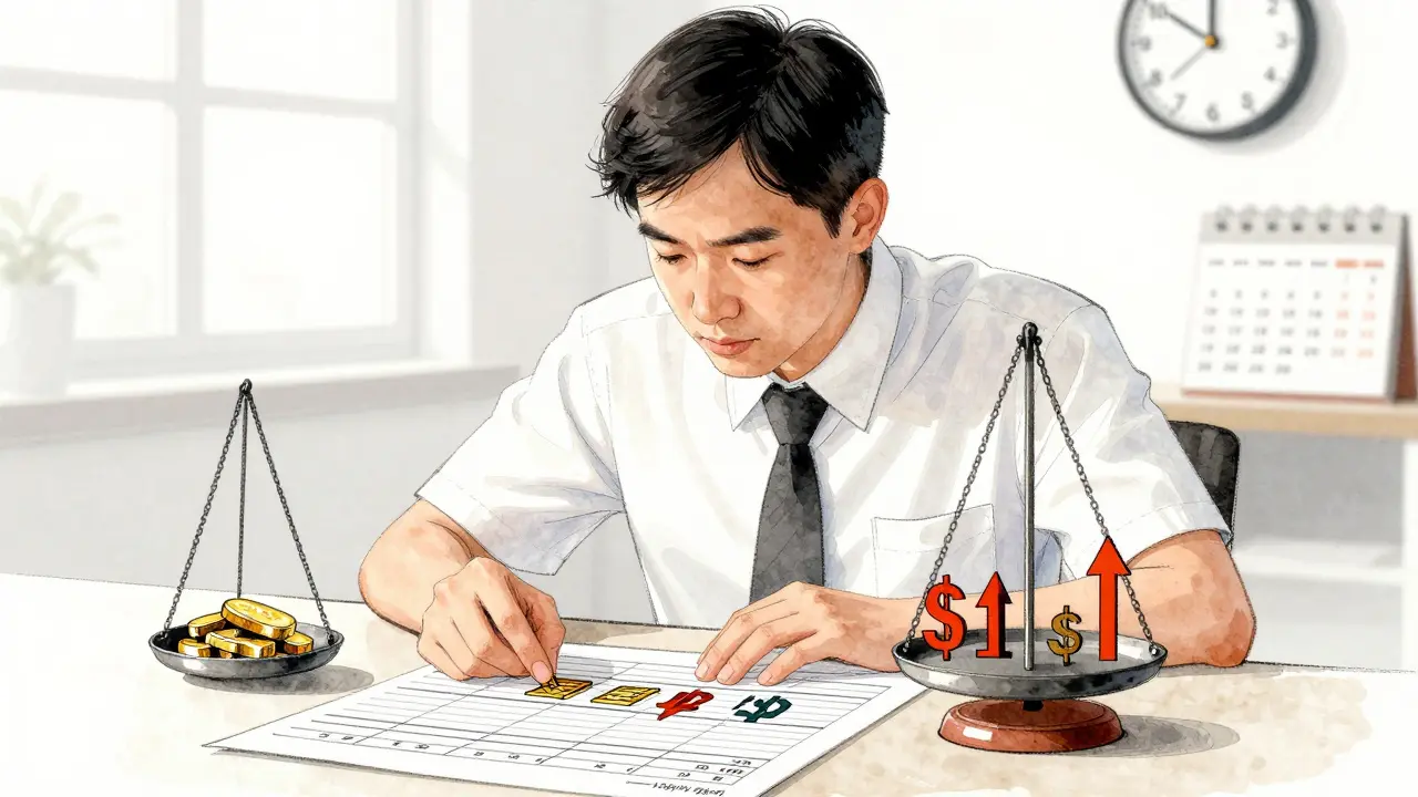 A trader calmly rebalances assets on paper with gold, bonds, and stocks.