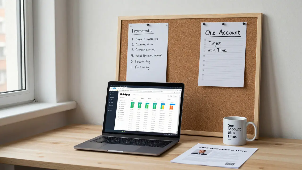 A UK tech worker's desk with a CRM dashboard, target account list, and personalized report, under natural daylight.
