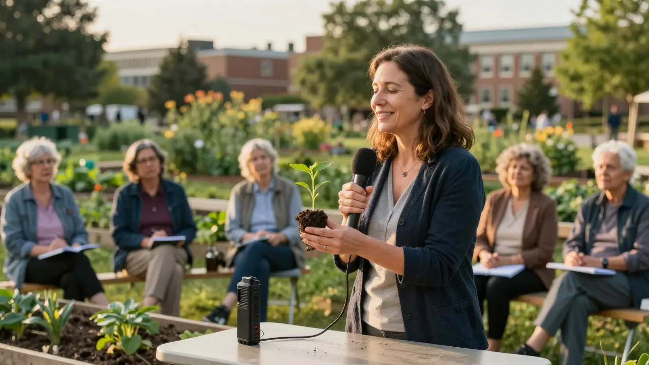 A woman teaching urban gardening while recording a podcast, surrounded by fellow alumni.