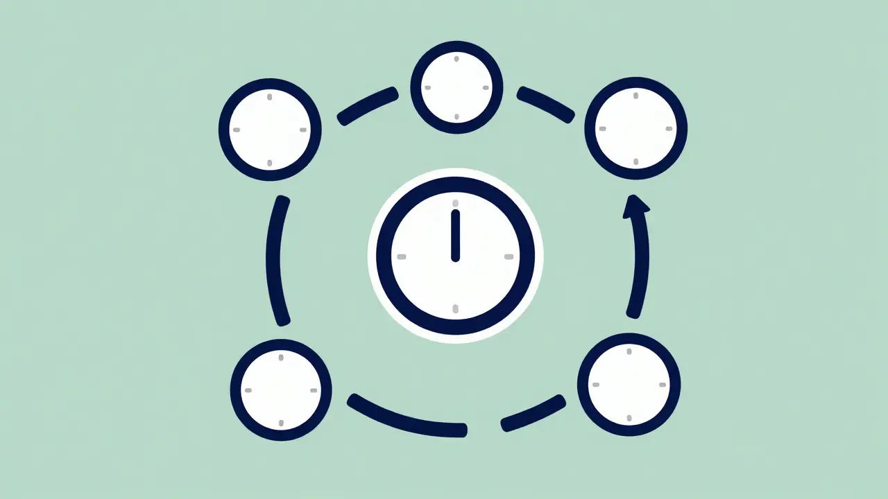Abstract illustration of geometric shapes connected to a calendar cycle diagram.