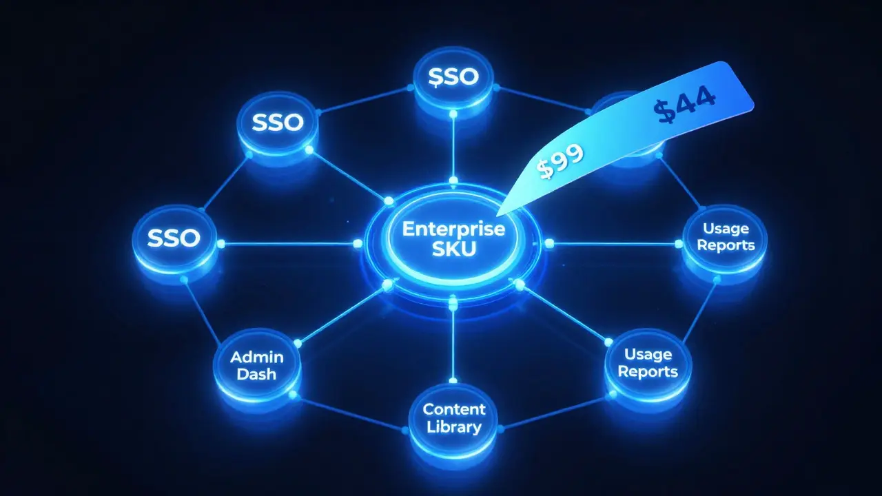 Abstract network of enterprise licensing features glowing with cost-saving data.