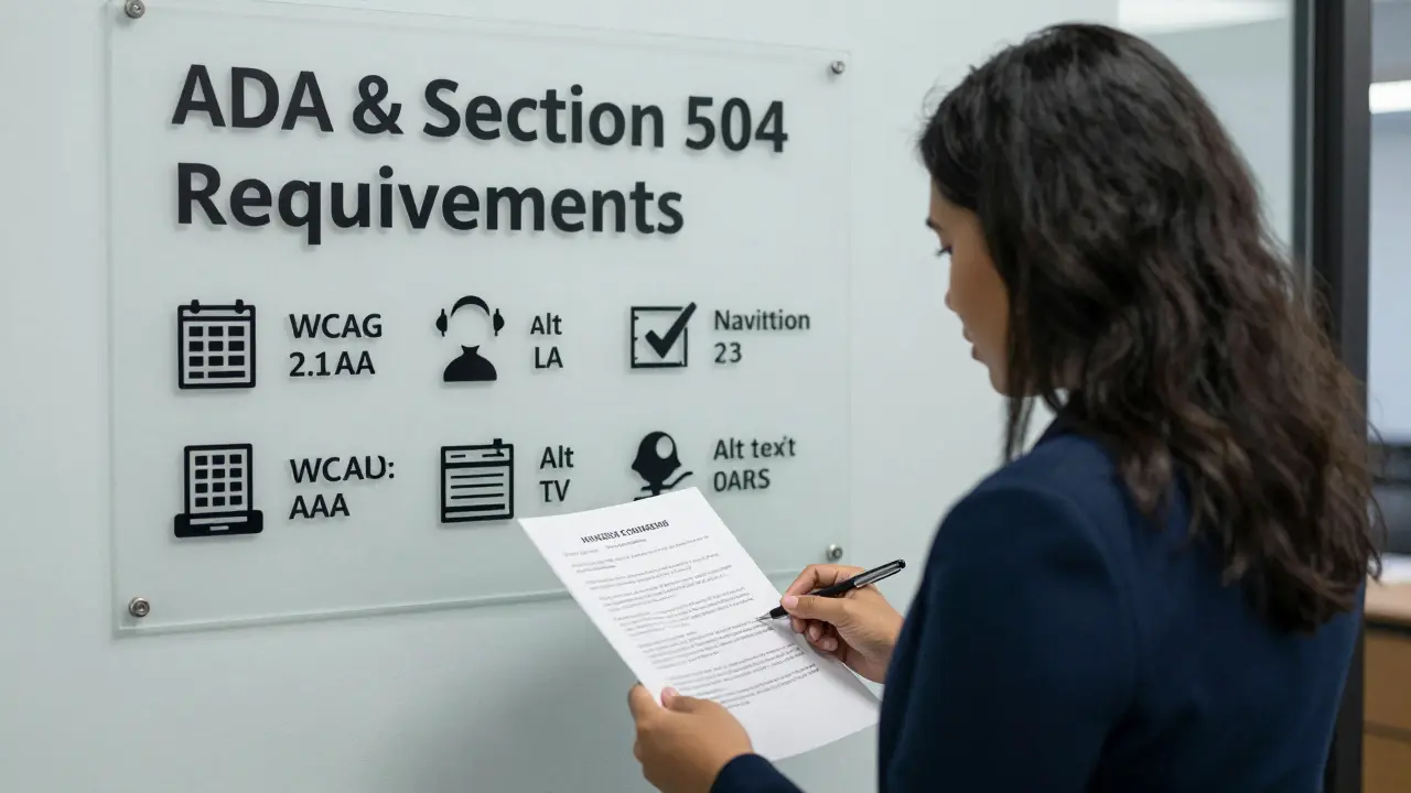 An administrator reviewing accessibility compliance documents with WCAG standards displayed nearby.