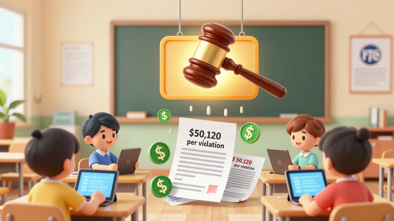 Animated children using tablets as legal warnings and fines fall around them