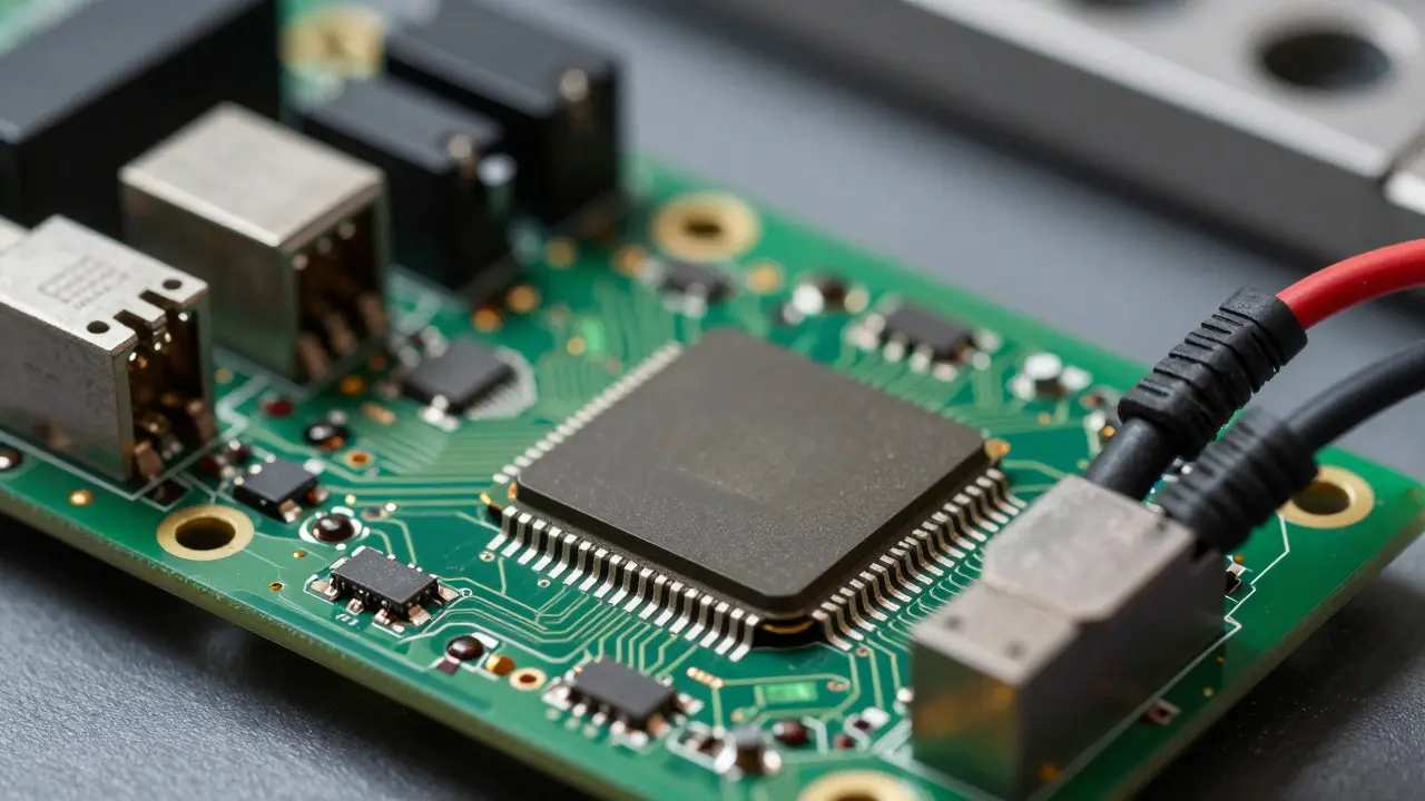 Close-up of a green circuit board with heavy gold power connectors attached