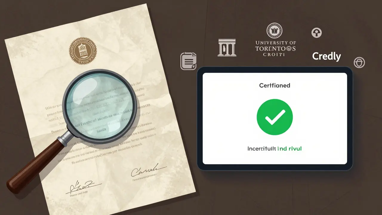 Contrasting a forged paper diploma with a verified digital credential.