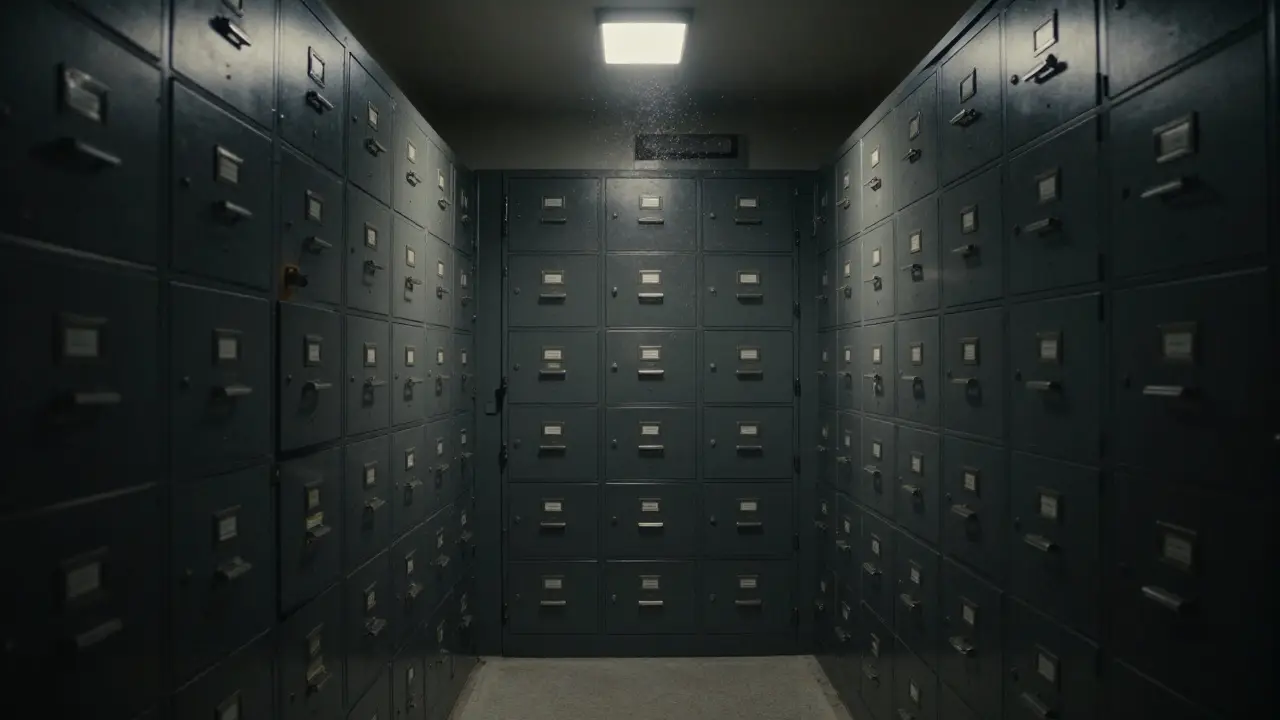 Dark archival room with metal filing cabinets lit by a single security spotlight.