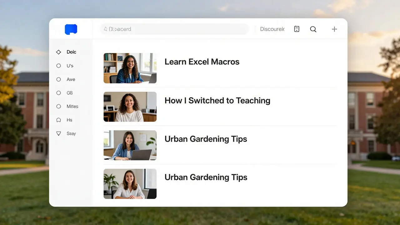 Digital interface showing alumni-led learning topics like Excel macros and teaching skills.