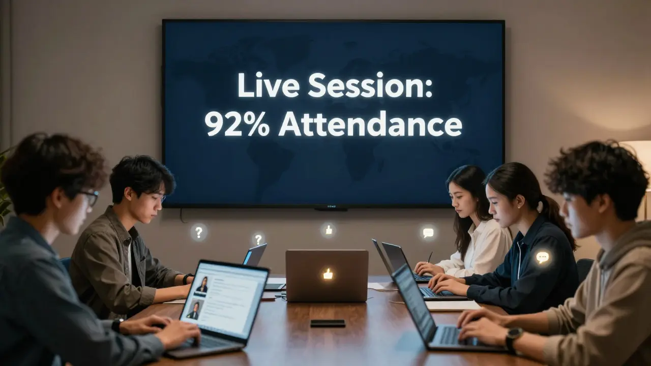 Diverse students joining a live course from different locations, each with participation icons, with a '92% Attendance' banner displayed.
