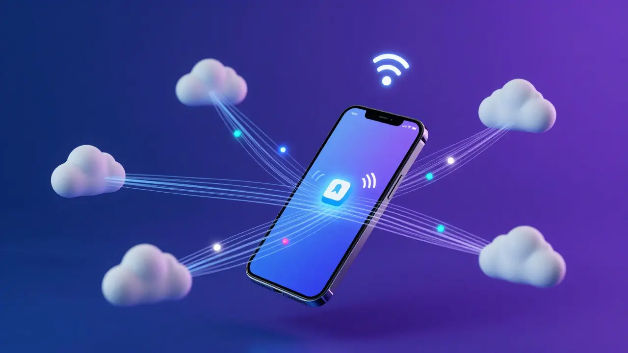 Glowing lines connecting a phone to cloud data storage icons