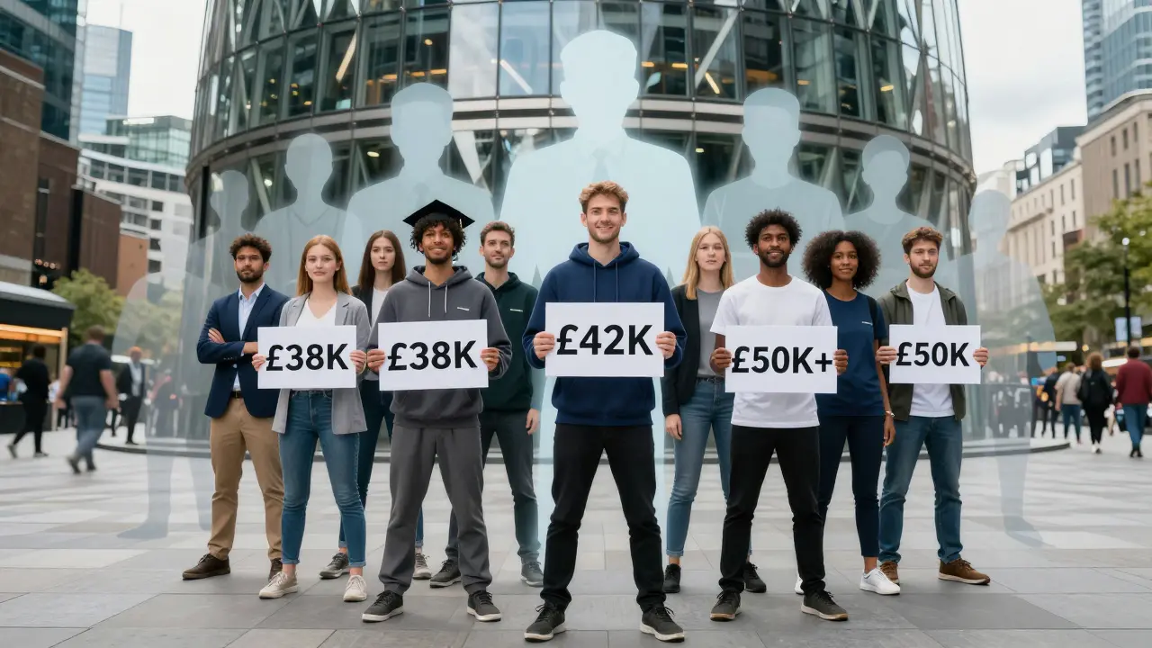 Graduates standing in front of a tech building, salaries visible, past jobs fading behind them.