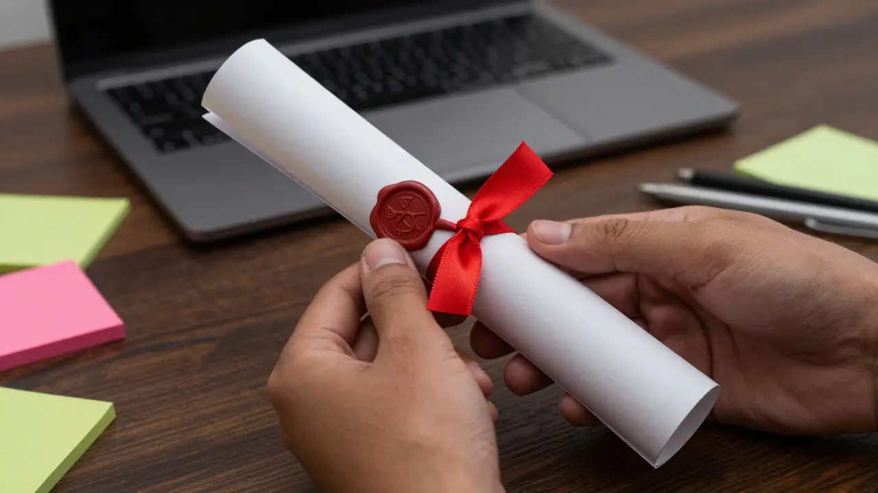Hands holding rolled certificate on desk with study notes