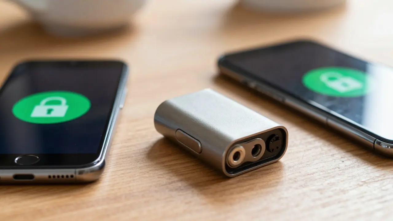 Hardware wallet and phone showing green lock icon on desk.