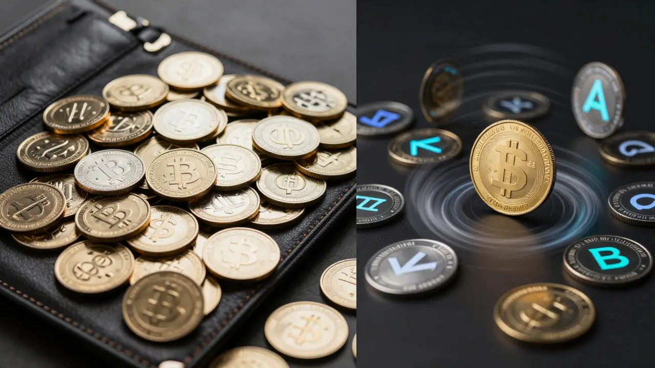 Left: dormant USDT coins piled in an exchange wallet; right: USDC coins actively moving between DeFi protocols on Base chain.
