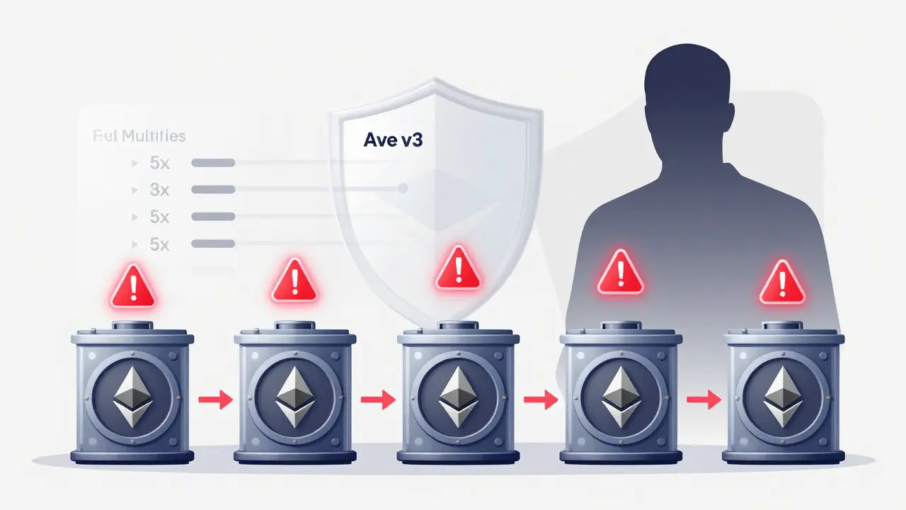 One ETH token reused across five vaults, with clear transparency shown on one and hidden reuse on others.