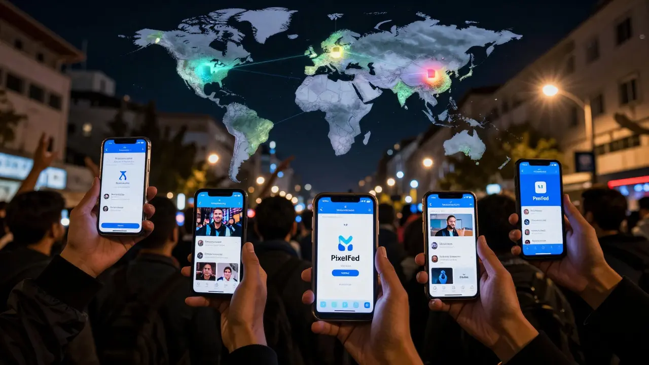 Protesters in a city sharing decentralized social media content as data streams bypass government blocks, with a global map showing resilient server nodes.