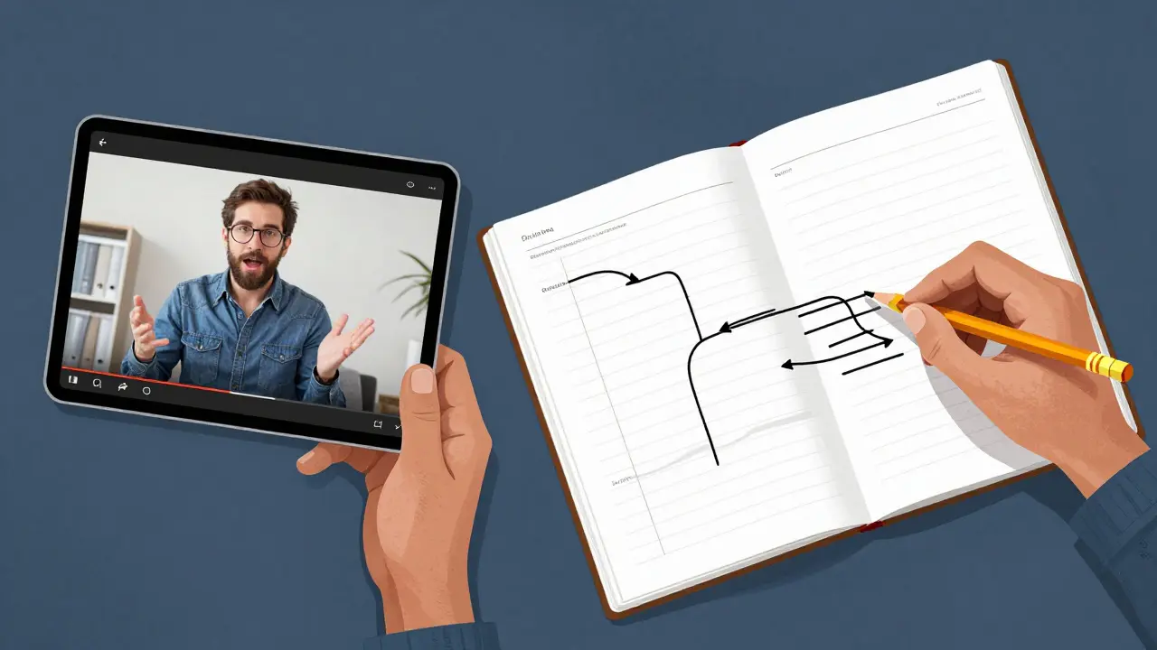 Side-by-side scene: one side shows someone watching a video, the other shows them actively using a Gantt chart workbook.