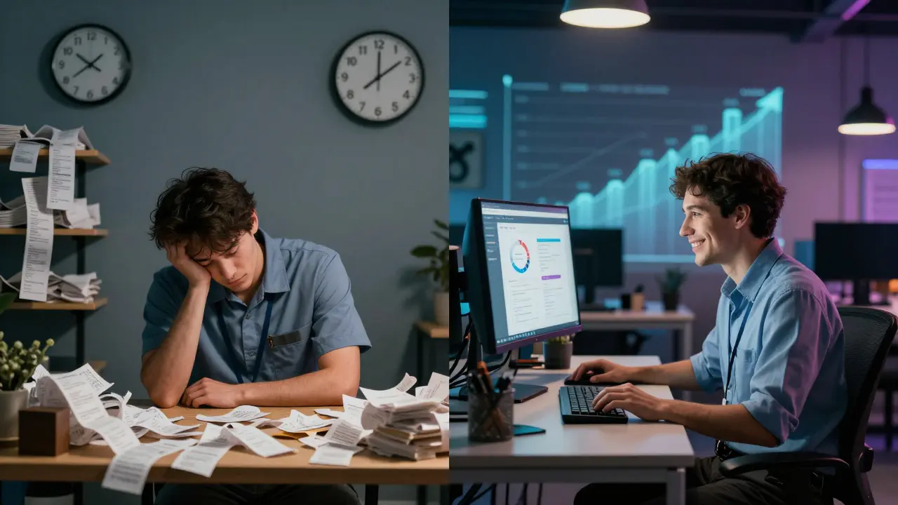 Split image: tired retail worker on left, confident tech professional on right with rising salary graph.