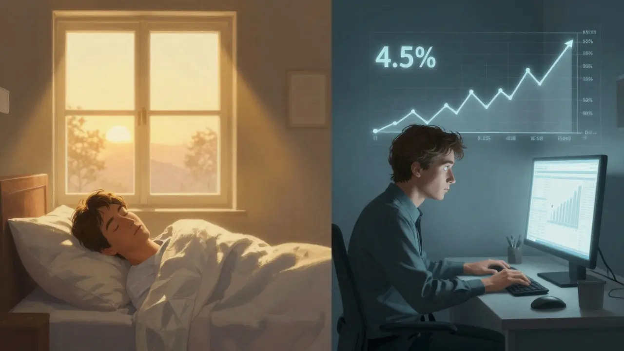 Two traders side by side: one resting in sunrise, the other stressed under harsh light with risk spikes above.