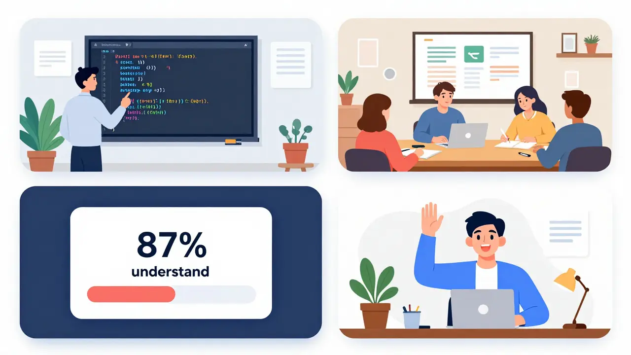 Virtual classroom with four panels showing live coding, breakout rooms, poll results, and a student raising hand during an online lesson.