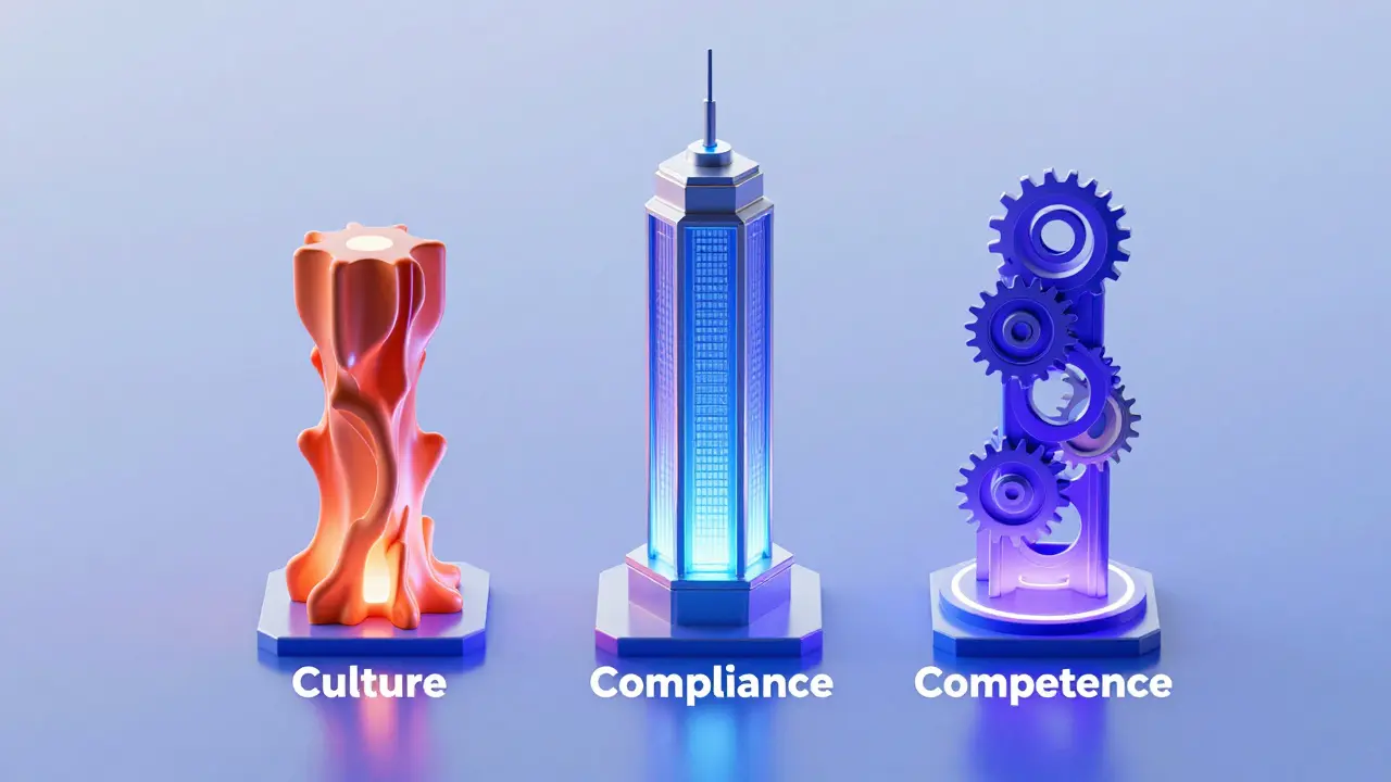 3D conceptual illustration of three pillars representing culture, compliance, and competence