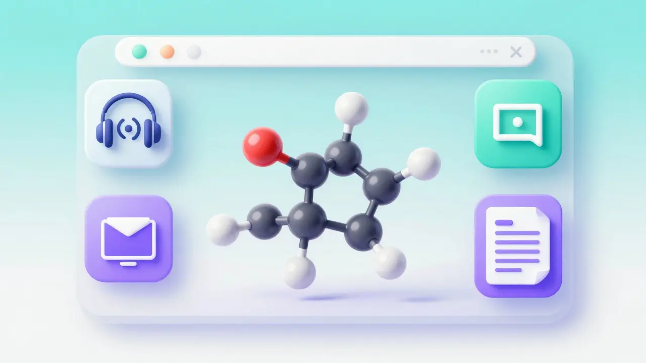 A 3D molecule model on a screen surrounded by audio, video, and text accessibility icons.