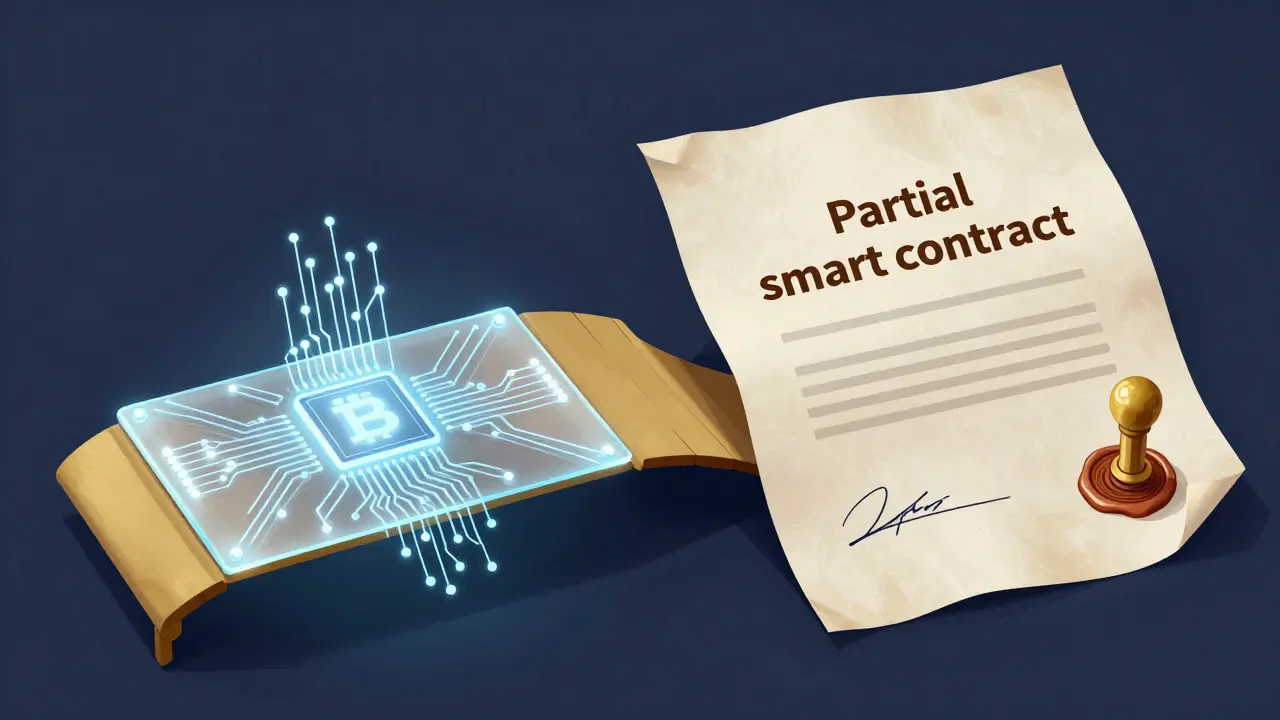 A bridge connecting a digital circuit board to a traditional signed legal document.