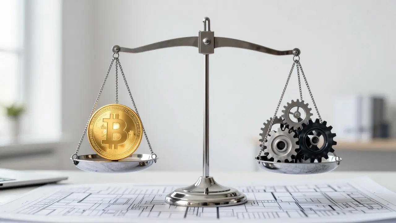 A chrome scale balancing a digital token against architectural gears.