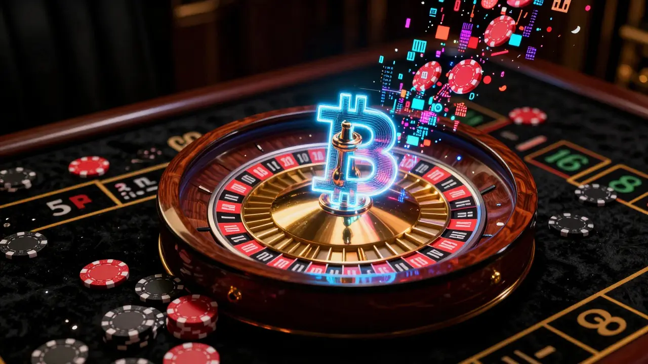 A conceptual blend of a roulette wheel and a Bitcoin symbol representing the gambler's fallacy.