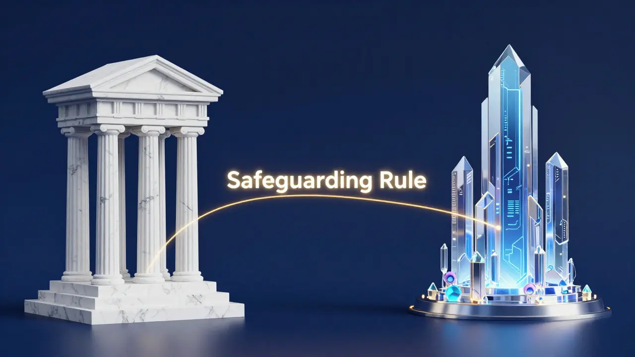 A conceptual bridge connecting a classical bank pillar to a digital structure.