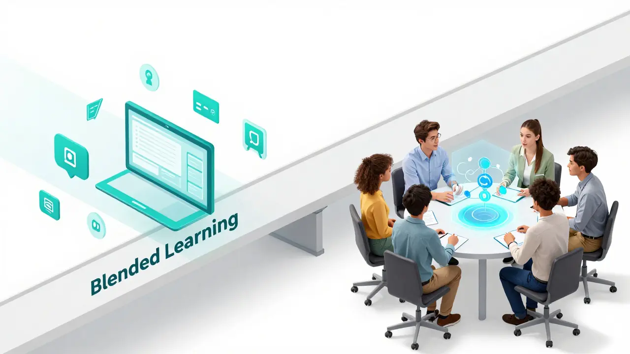 A conceptual bridge connecting self-paced digital modules to a collaborative group workshop.