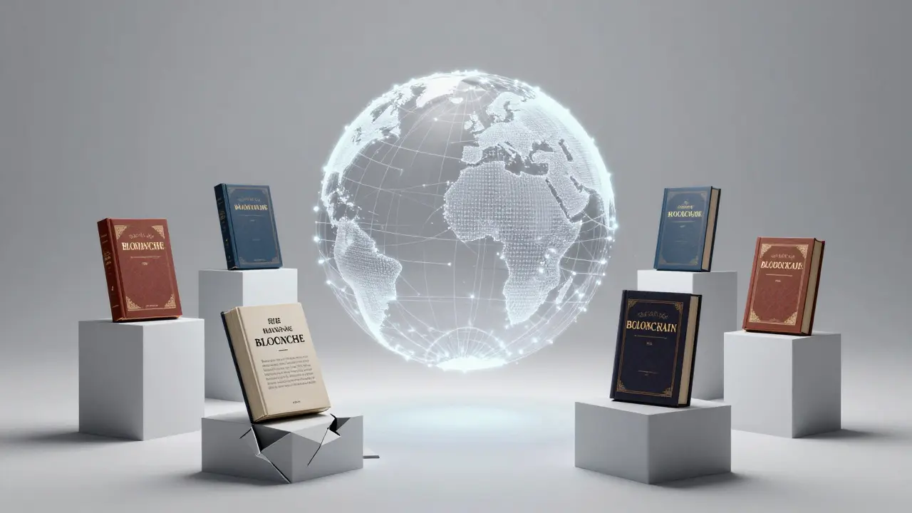 A digital globe of blockchain nodes surrounded by law books from different countries.