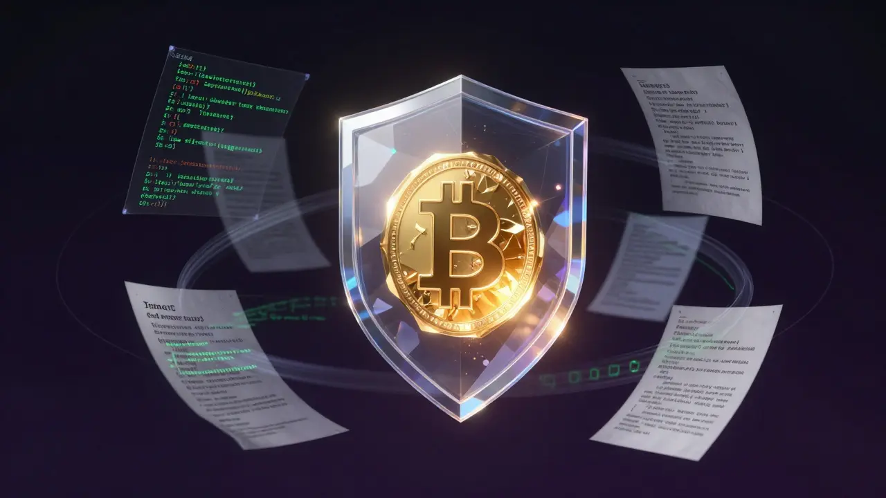 A glowing crypto token protected by digital shields and circulating legal and code documents