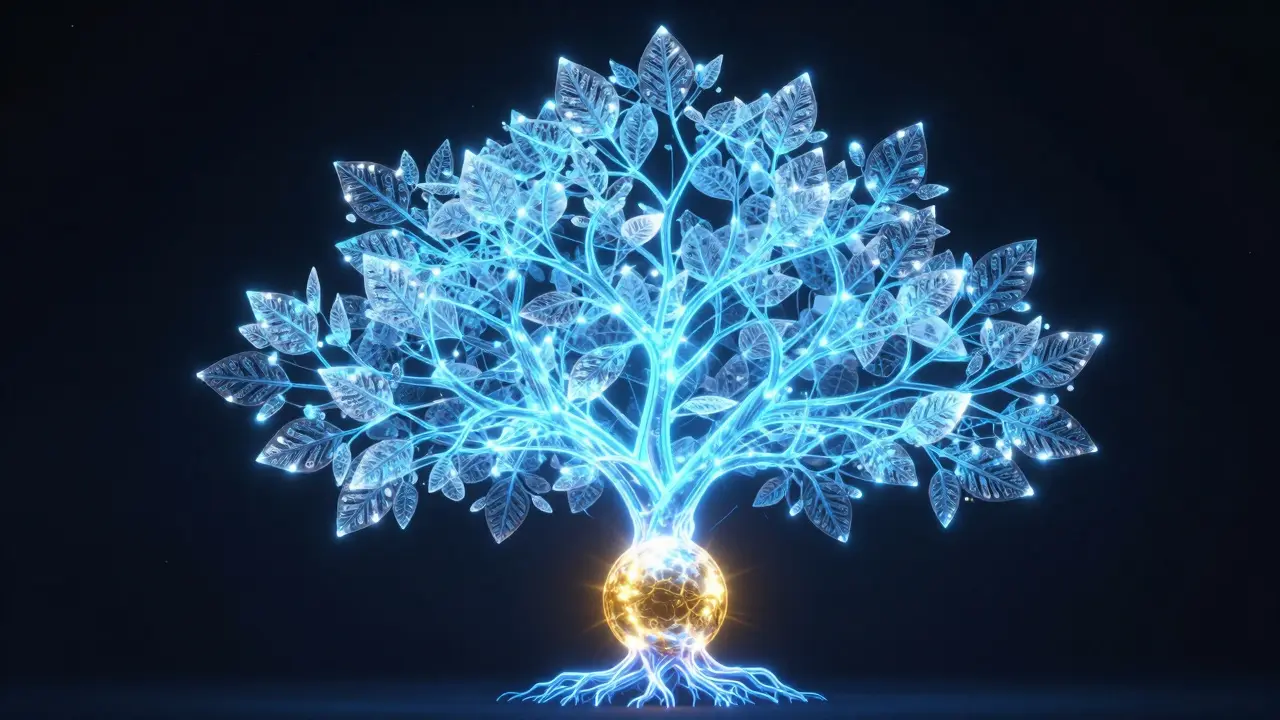 A glowing crystalline tree representing the hierarchy of a deterministic blockchain wallet.