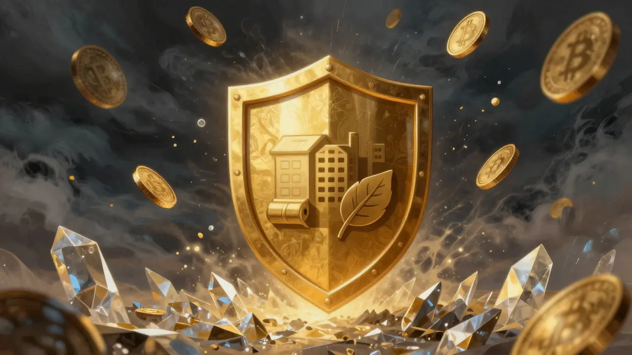 A golden shield representing a stable DAO treasury protecting against a stormy sea of volatile crypto coins.