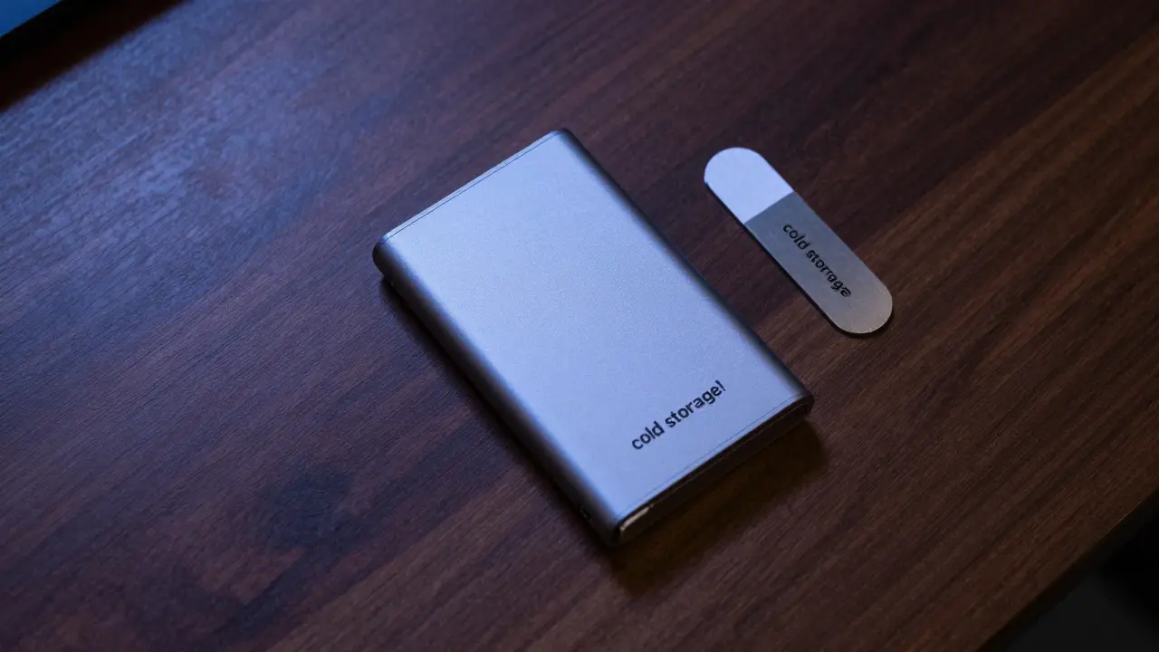 A hardware cryptocurrency wallet and steel backup plate on a dark wooden surface.