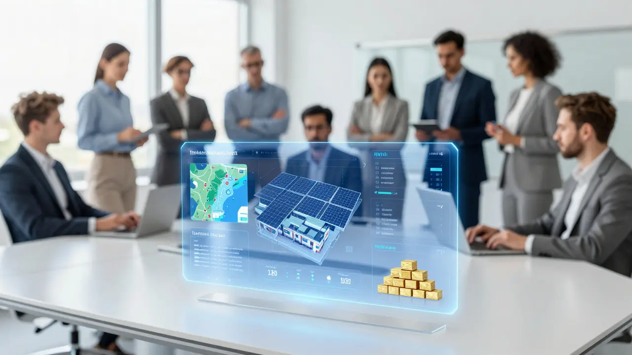 A high-tech digital interface showing a diversified portfolio of tokenized real estate and energy assets.