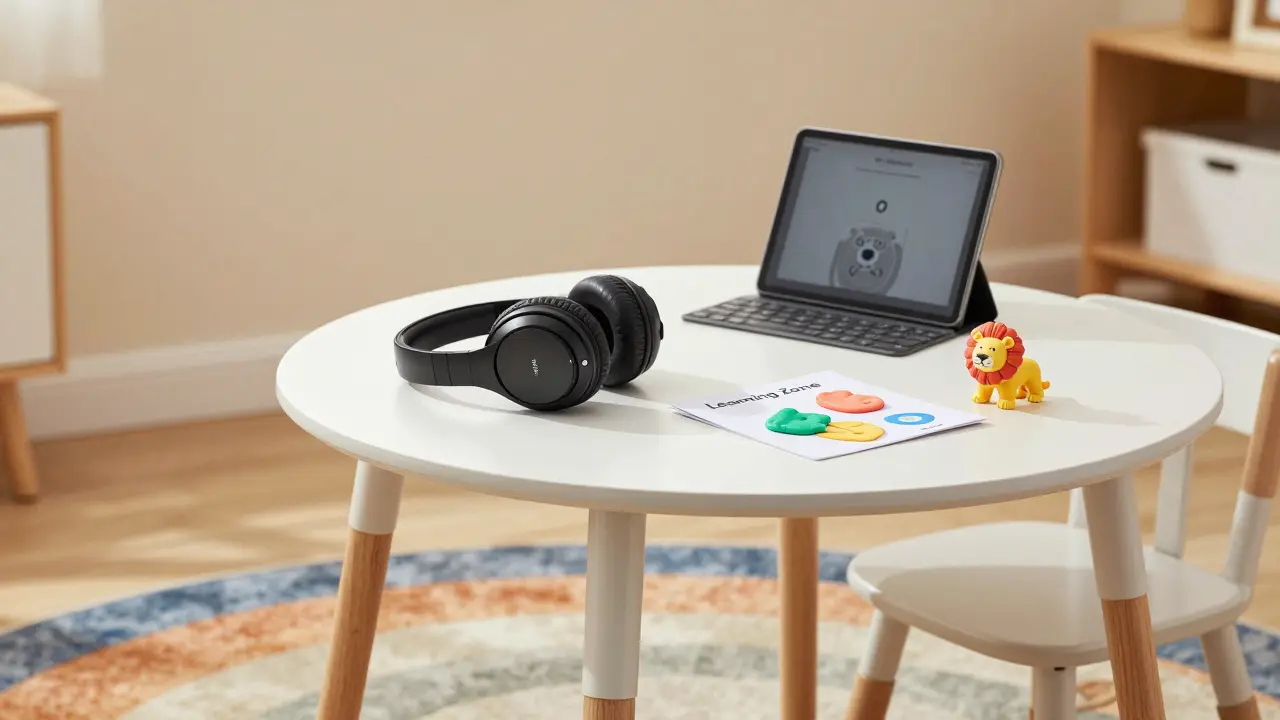 A home learning zone with a colorful rug, noise-canceling headphones, and tactile toys