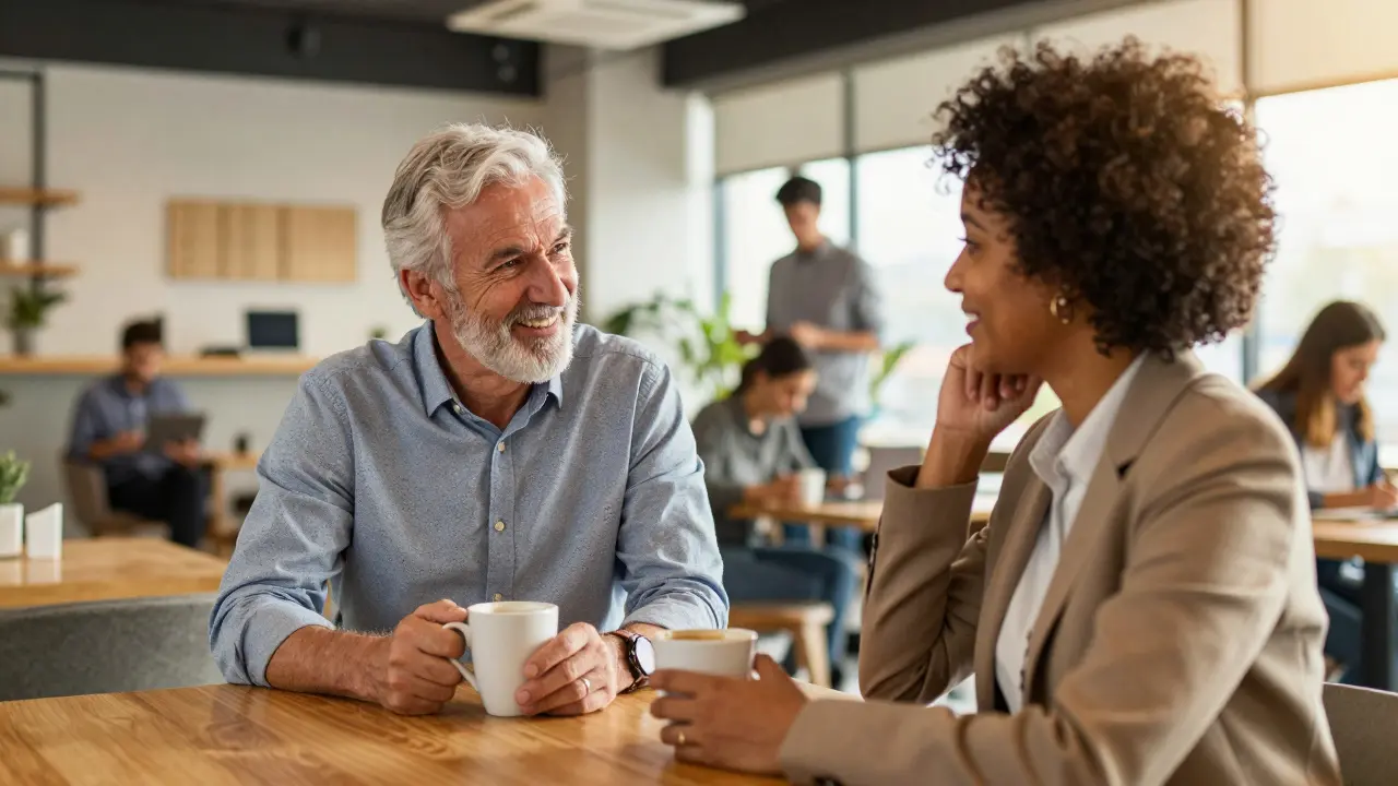 A mentor and new hire chatting over coffee in a modern office cafe