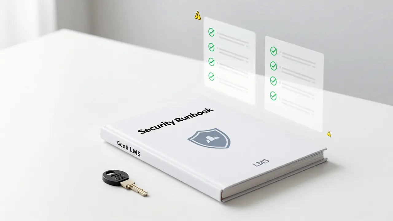 A professional security runbook binder and hardware key with digital checklist overlays.