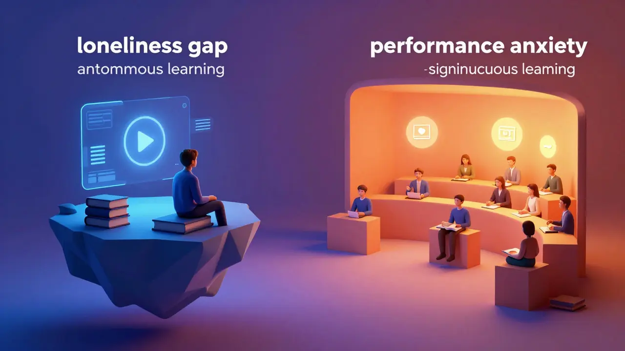 A solitary student on a digital island looking toward a crowded virtual lecture hall.