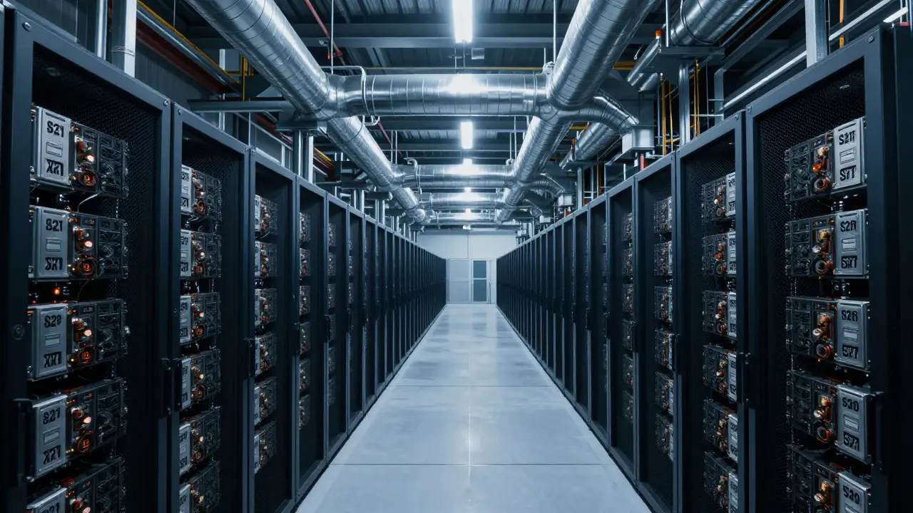 A vast industrial warehouse with rows of high-power Bitcoin mining ASICs and cooling systems.