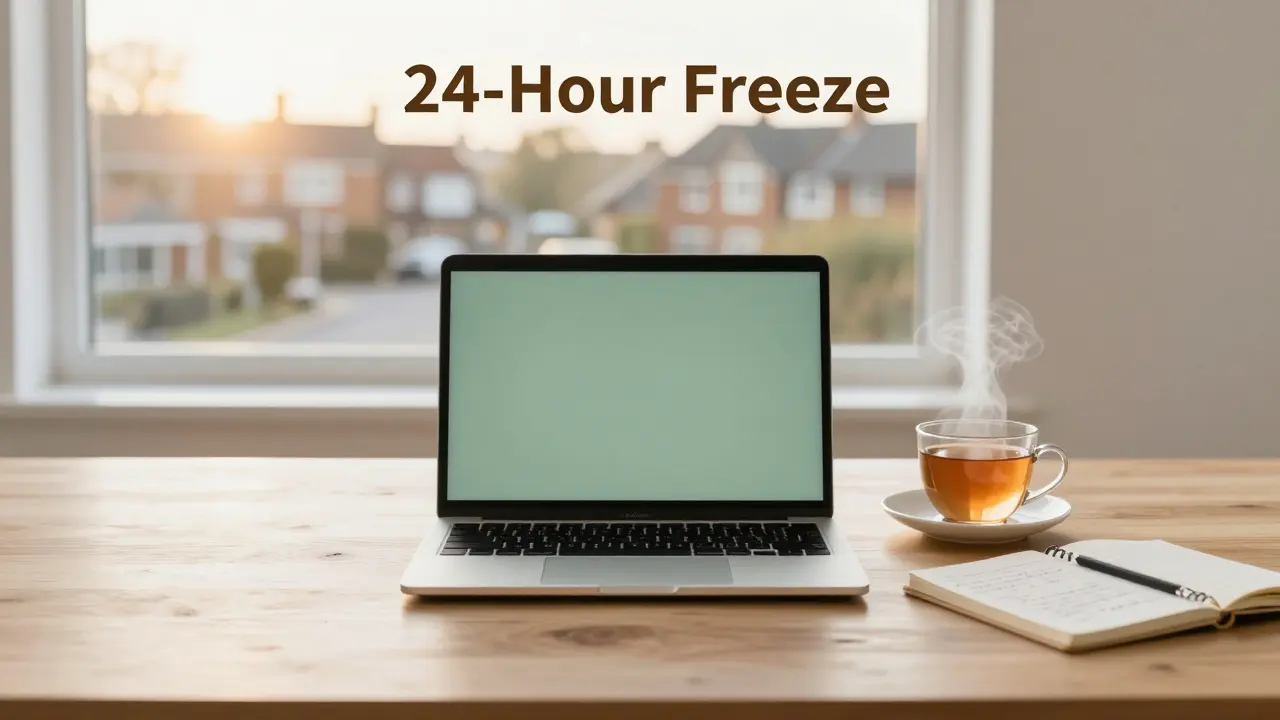 Closed laptop and tea on a table during a peaceful morning sunrise