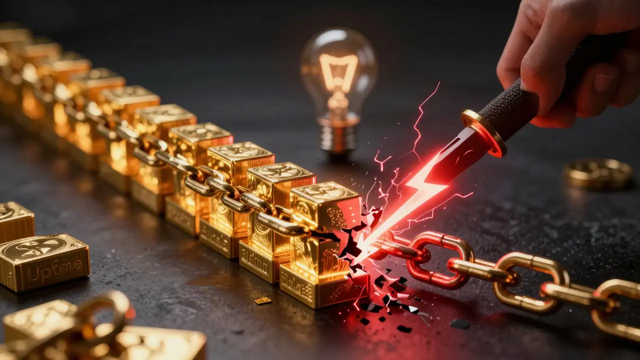 Conceptual art showing a golden blockchain being broken by a red bolt to represent slashing.
