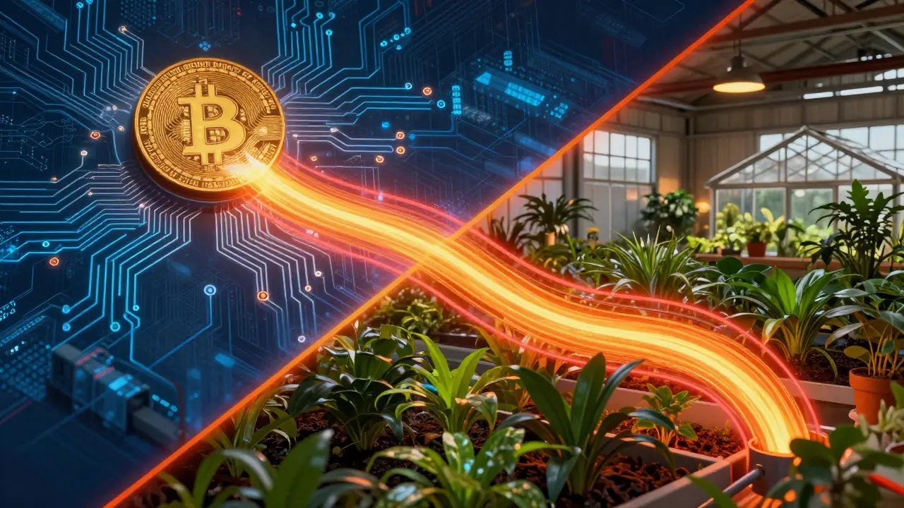 Conceptual art showing heat transferring from Bitcoin mining circuits to a warm greenhouse.