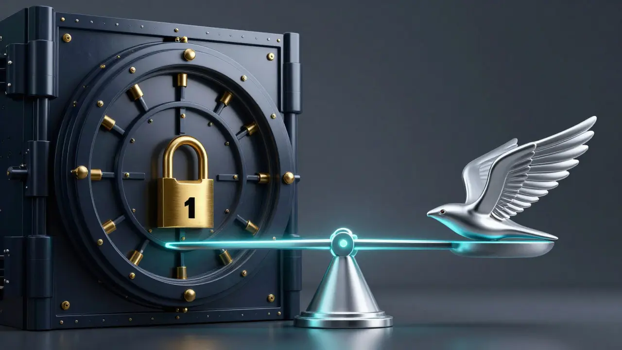 Conceptual balance scale comparing a heavy security vault and a lightweight silver wing.