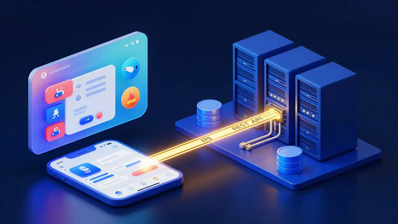 Conceptual visualization of frontend and backend connected by a glowing API bridge.