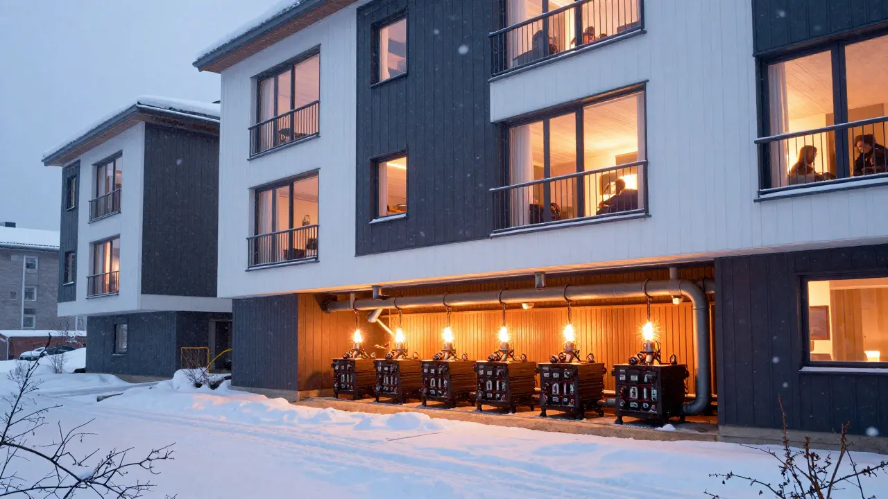 Cutaway view of a snowy apartment building with Bitcoin miners providing heat in the basement.