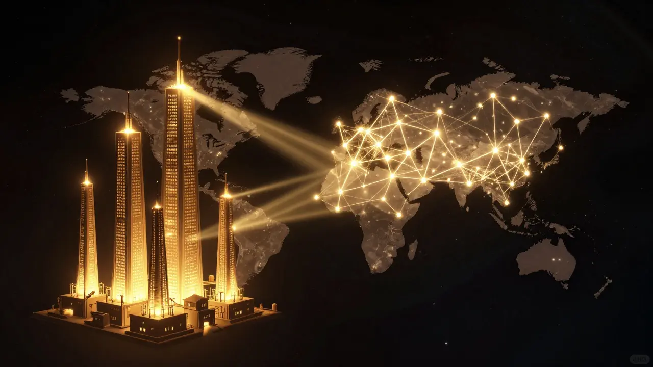 Digital art showing the contrast between giant mining farms and a network of small home miners.